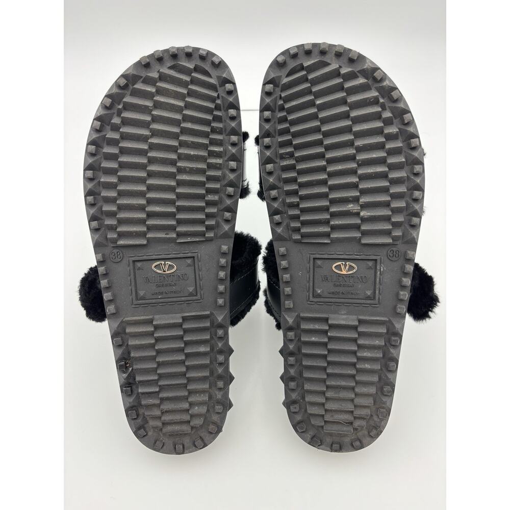 Authentic Valentino Rockstud Fur Lined Slides Dad Sandals Black Leather Size 38 - Picture 11 of 14
